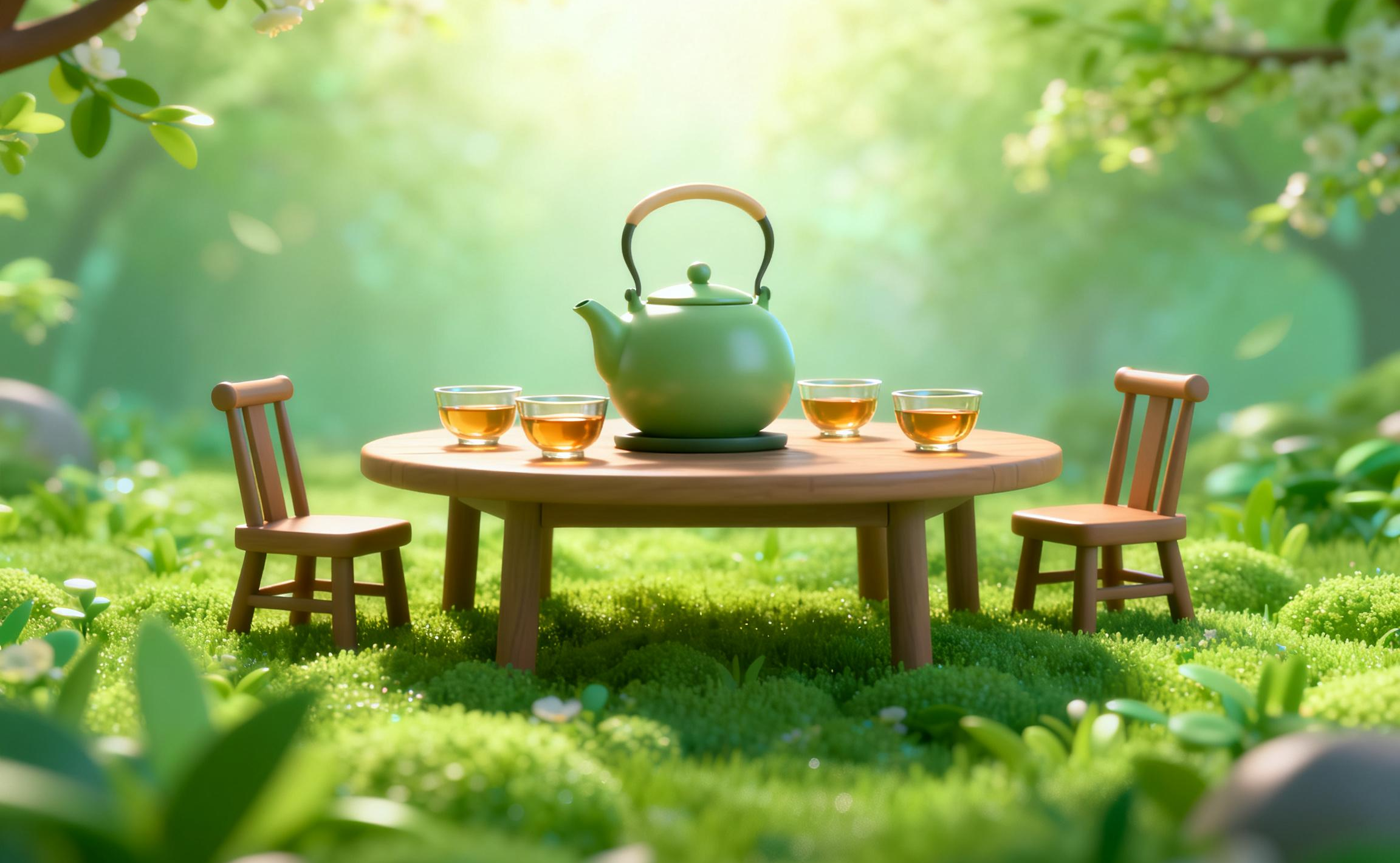 jimeng-2026-03-12-1445-创意海报设计，C4D梦幻立体质感，正视图，茶壶，四个茶杯，茶杯里有茶水，泡茶桌，....png