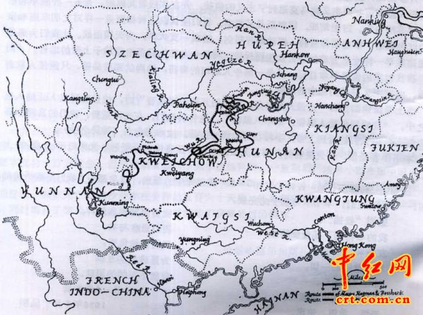 传教士勃沙特绘制的随军长征路线图(上图为原图,下图为翻译图)