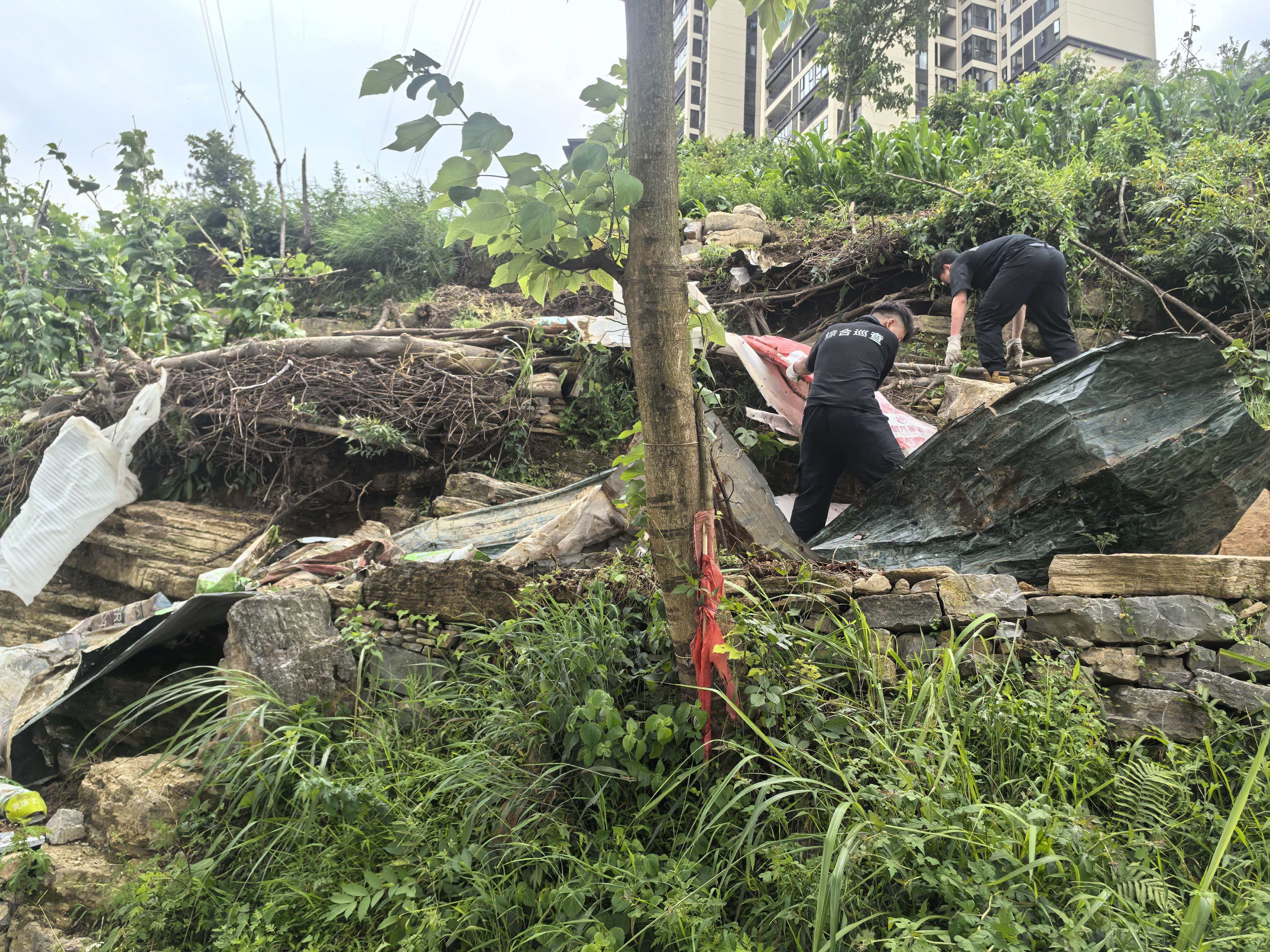 贵州双龙航空港经济区公共服务中心会同贵州中铁彩虹城市运营服务有限公司到现场清理杂物(部门供图)